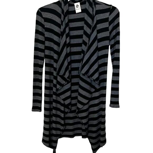 S-TWELVE LONG SLEEVE OPEN FRONT CASCADING SWEATER, WOMENS, S, BLACK/GREY STRIPES - Picture 1 of 10